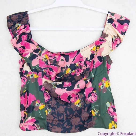NEW Free People Floral print crop top, L, smock back cinch sides ruffle … - Picture 1 of 16